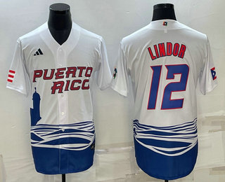 Men%27s Puerto Rico Baseball #23 Francisco Lindor White 2023 World Baseball Classic Stitched Jerseys